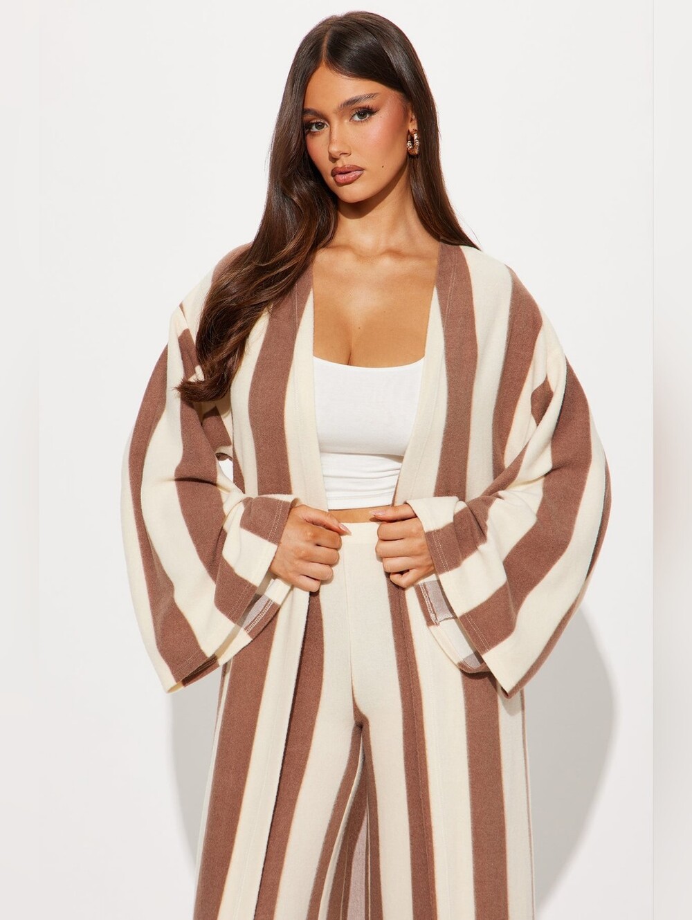 Fashion Nova STEPH Striped Pants Set Brown & Cream Wide-Leg Knit SZ LG - Picture 5 of 8